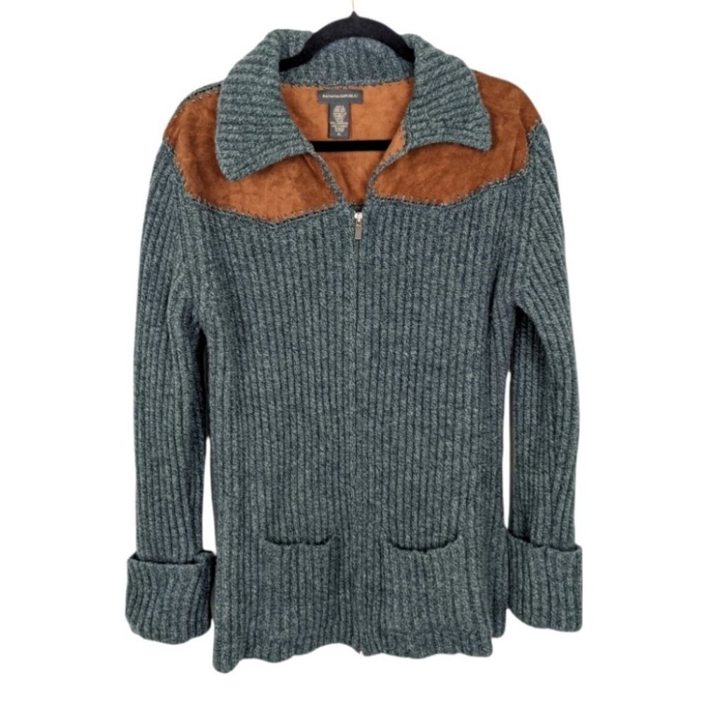 Banana Republic Green Ribbed Lambswool  Leather Full Zip Sweater sz Large